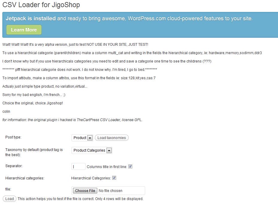 csv loader for jigoshop