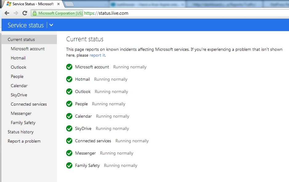 Microsoft Service Status Page