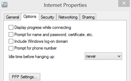 Dial Up Properties Options