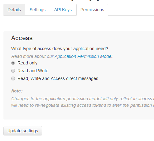 How can I change the Read only Twitter application to Write