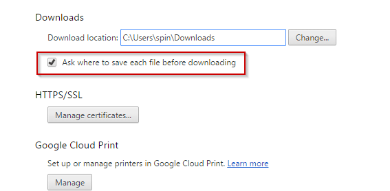 Chrome Ask where to save each file before download