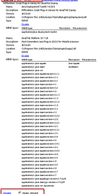 Java Version in Chrome enabled