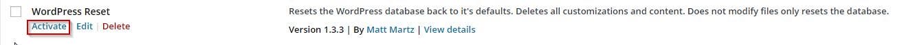 WordPress Reset activate plugin