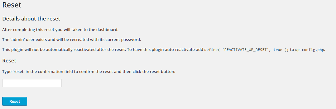 WordPress Reset the site