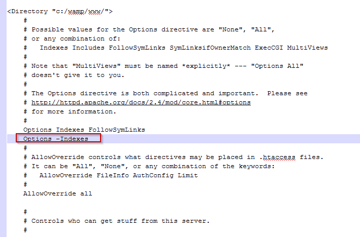 How to disable directory browsing in WAMP