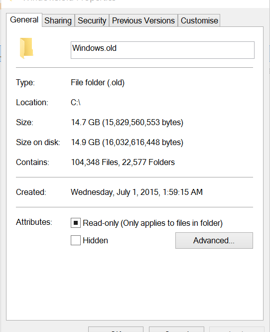 Windows.old folder size