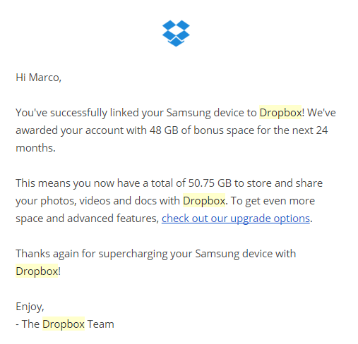 Dropbox 48GB space Confirmation