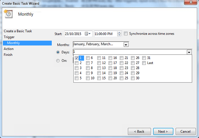 WAMP Backup Scheduled Tasks Task Trigger Monthly Days