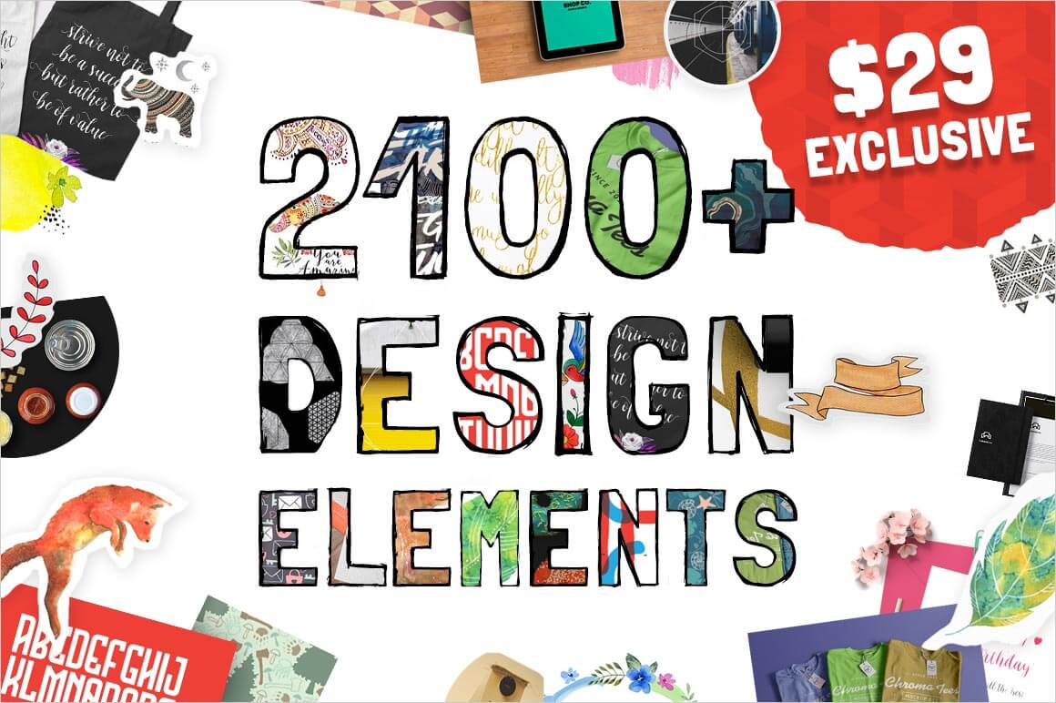 Exclusive HUUUGE Bundle: 2100+ Elements and 11 fonts from 10 Vendors - only $29!