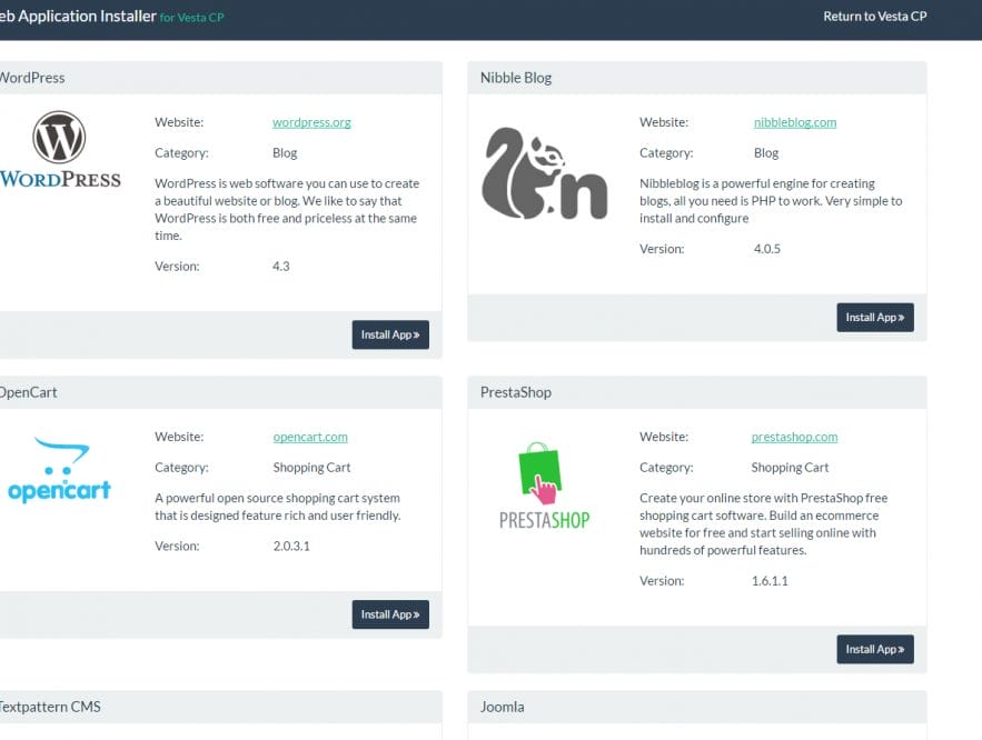 VestaCP App Installer List Of Applications