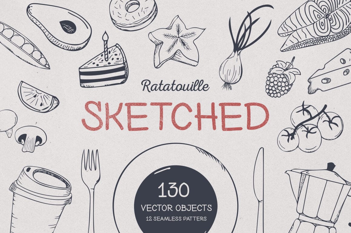 Ratatouille Sketched: 130+ Hand-Drawn Vector Elements - only $7!