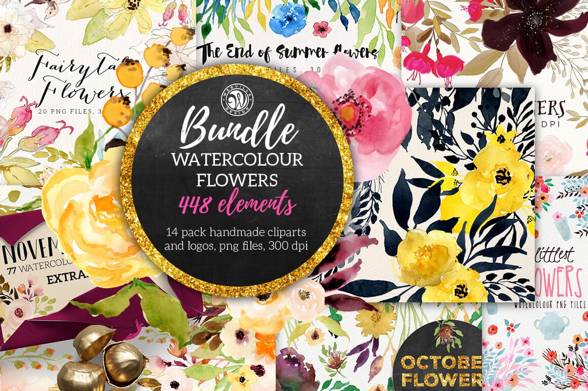 Watercolor Flowers Bundle of 400+ Elements – only $24!