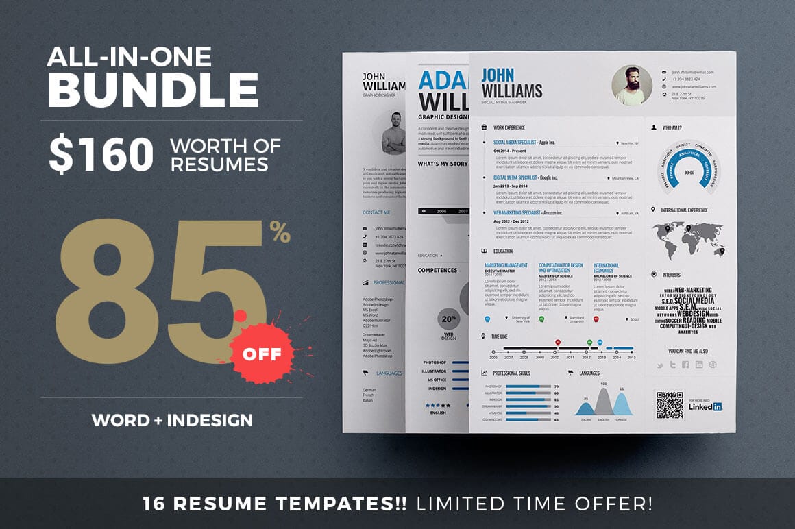 16 Print-Ready Creative Resume Templates from TheResumeCreator - only $24!