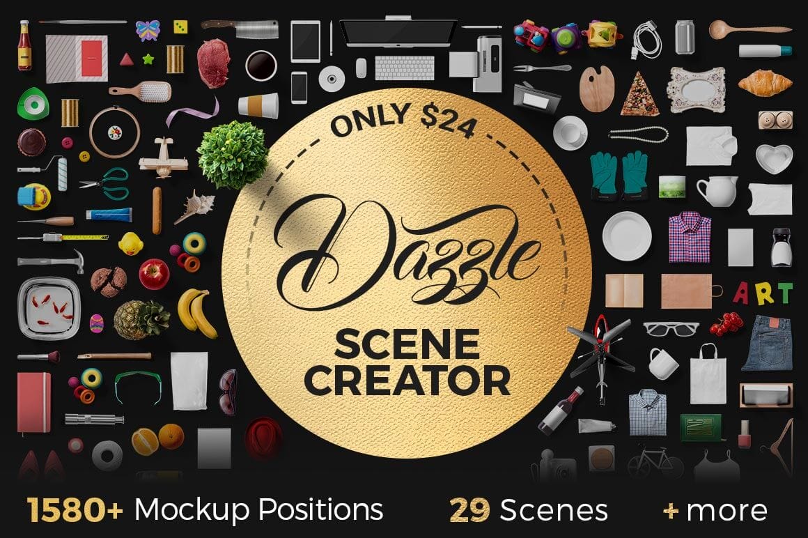 Dazzle-Mockup Scene Creator with 1500+ Mockup Positions, 30+ Ready-Made Scenes & more – only $24!