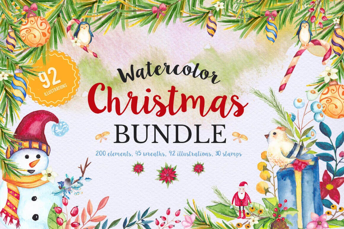 Watercolor Christmas Bundle of 350+ Design Elements – only $17!