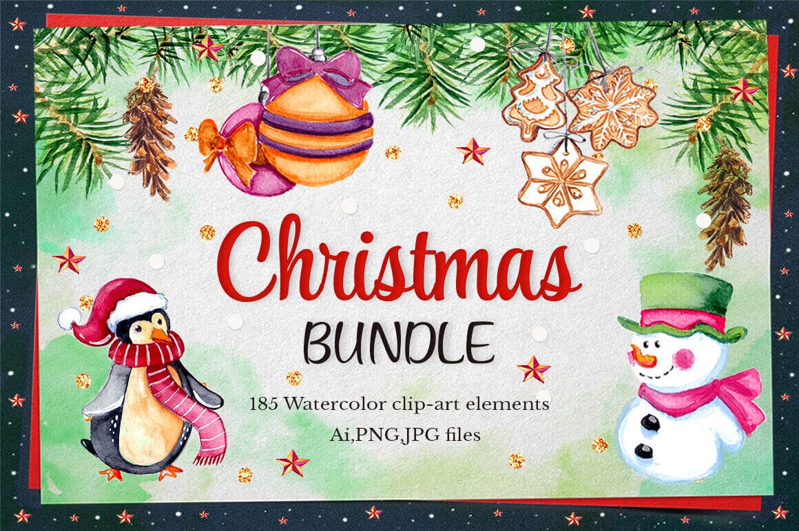 Watercolor Christmas Collection: 185 Elements + Bonus 47 Illustrations - only $18!
