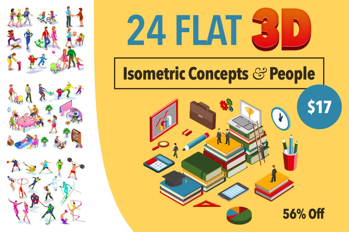 24 Flat, 3D Isometric Concepts and People – only $17!