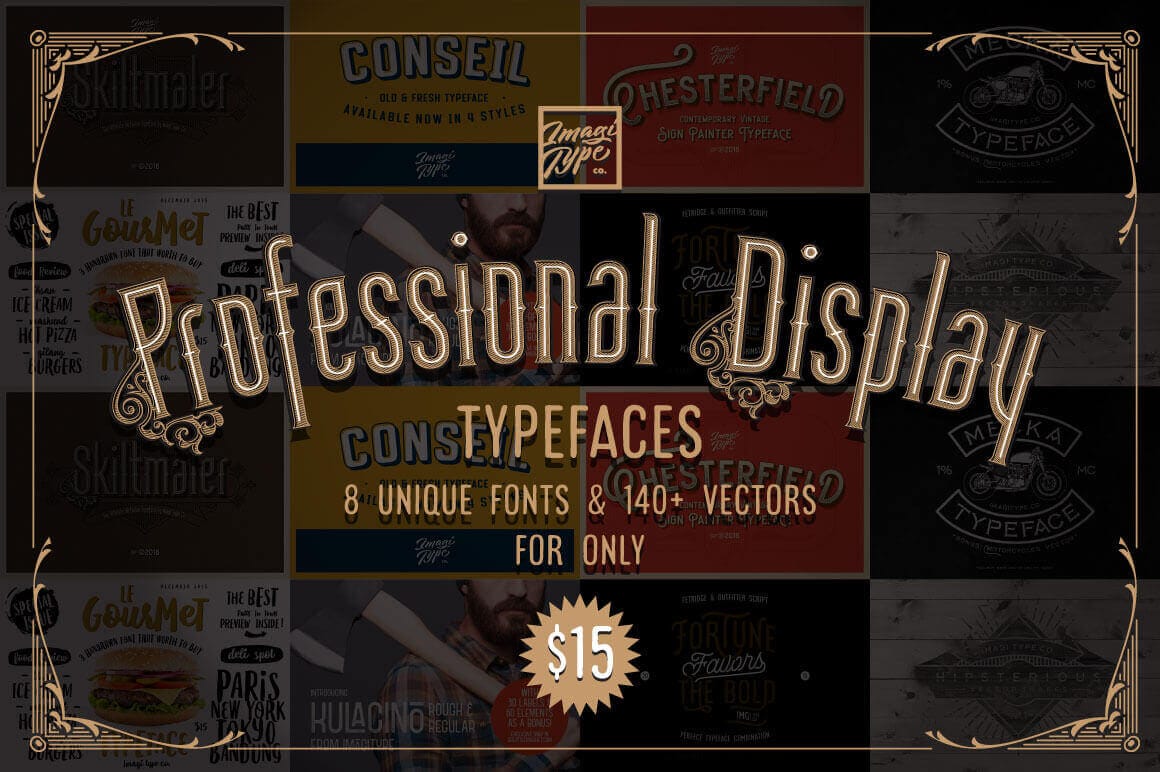 8 Vintage Professional Display Fonts and Shapes – only $15!