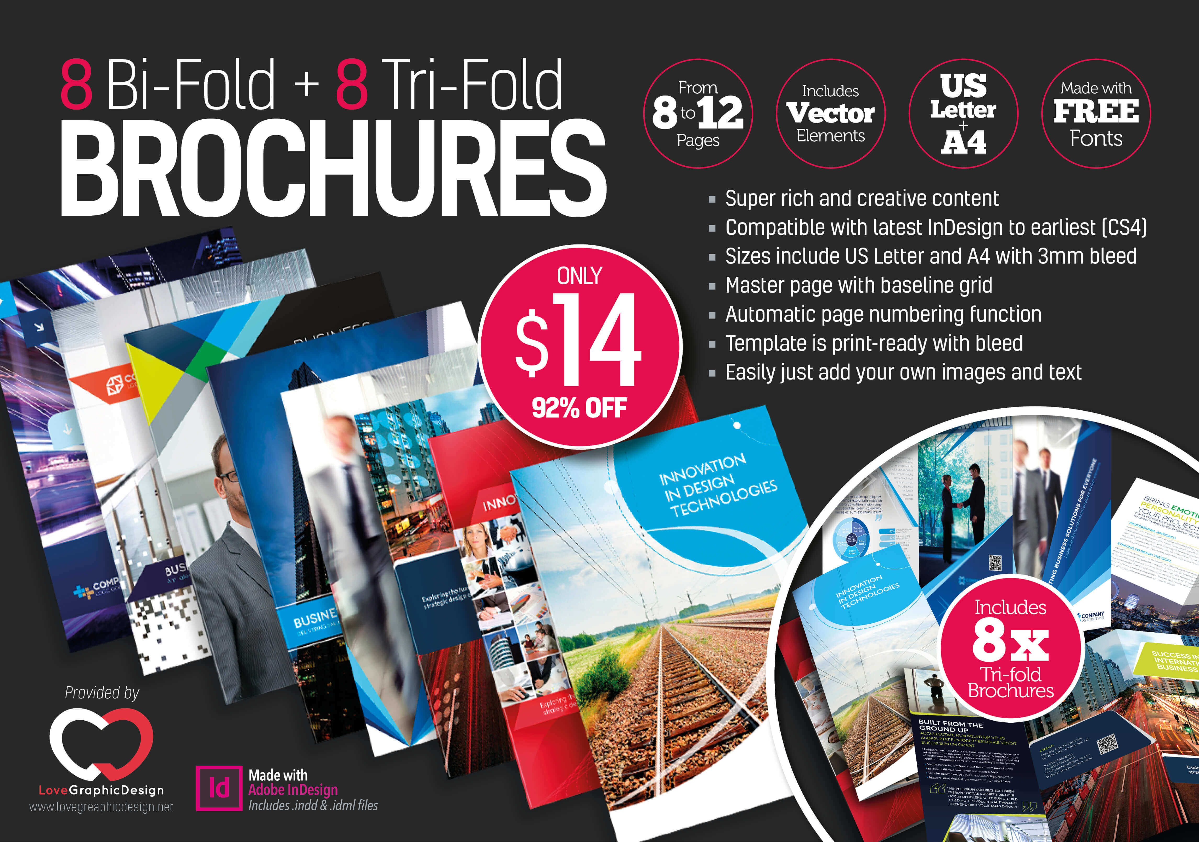 8 Print-Ready InDesign Bi-Fold & Tri-Fold Brochure Templates - only $14!