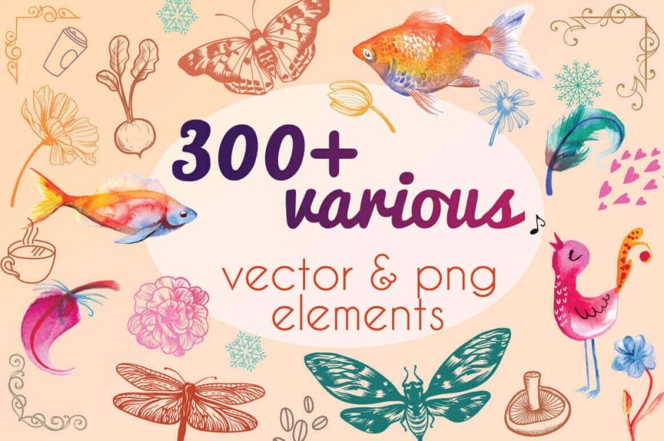 Bundle: 300+ Professional, Colorful Vector and PNG Elements – only $12!
