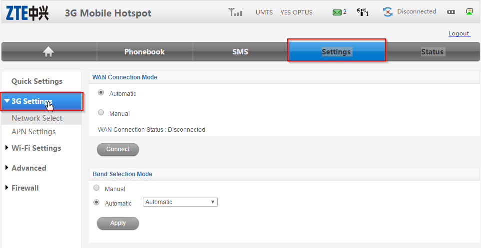 ZTE MF60 Dashbaord Optus Mobile Hotspot - 3G settings