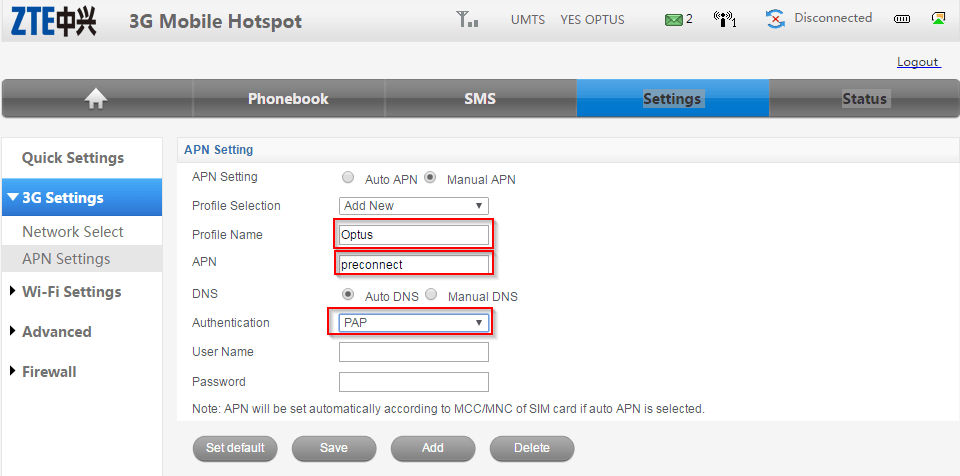 ZTE MF60 Dashbaord Optus Mobile Hotspot - APN settings - Optus APN settings
