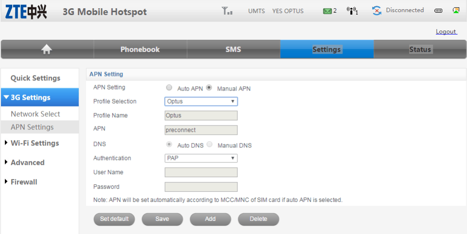 ZTE MF60 Dashbaord Optus Mobile Hotspot - APN settings Saved