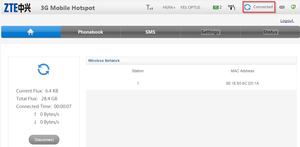 ZTE MF60 Dashbaord Optus Mobile Hotspot - Connected