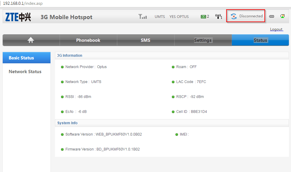 ZTE MF60 Dashboard Optus Disconnected