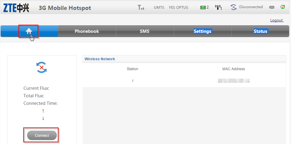 ZTE MF60 Dashboard Optus Mobile Hotspot - Home button