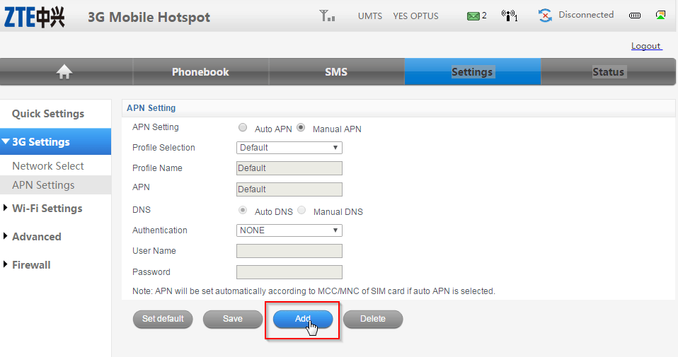 ZTE MF60 Dashboard Optus Mobile Hotspot - Manual APN settings Add