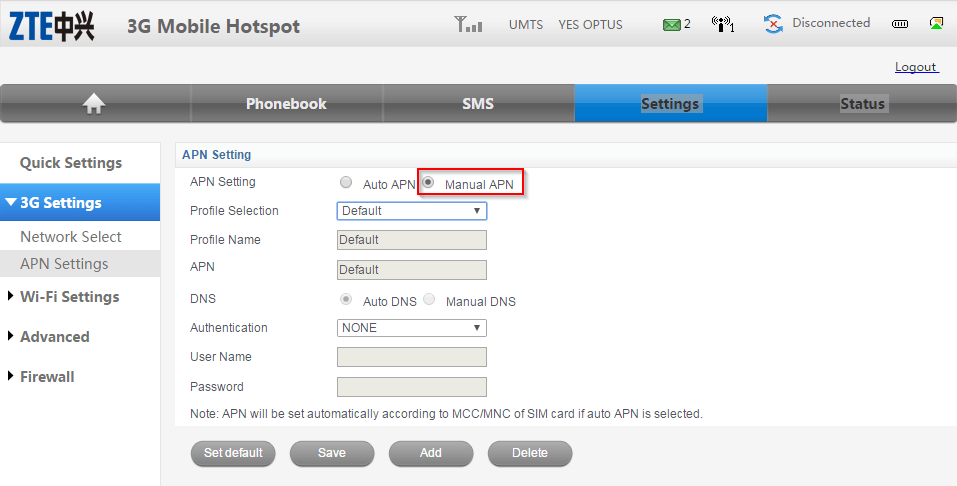 ZTE MF60 Dashboard Optus Mobile Hotspot - Manual APN settings
