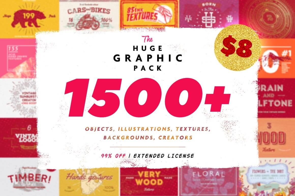 1500+ Design Elements in 1 Huge Graphic Pack – only $8!