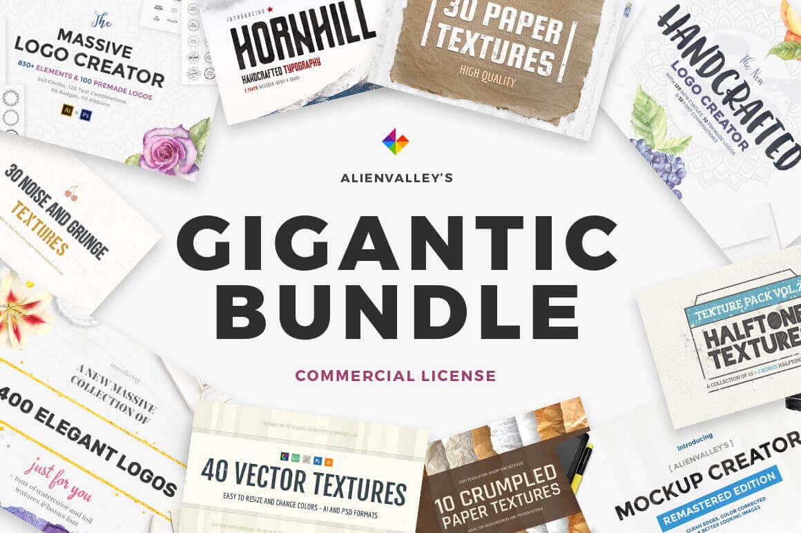 Gigantic Bundle of 1000+ Logos, Elements, Mockups, Textures – only $19!