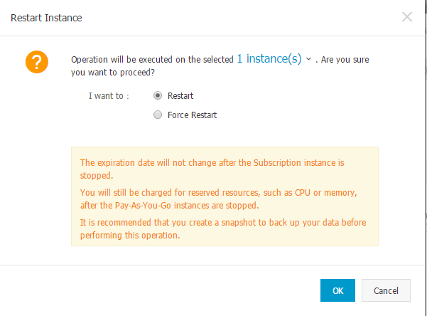 Alibaba Cloud - Restart. Options