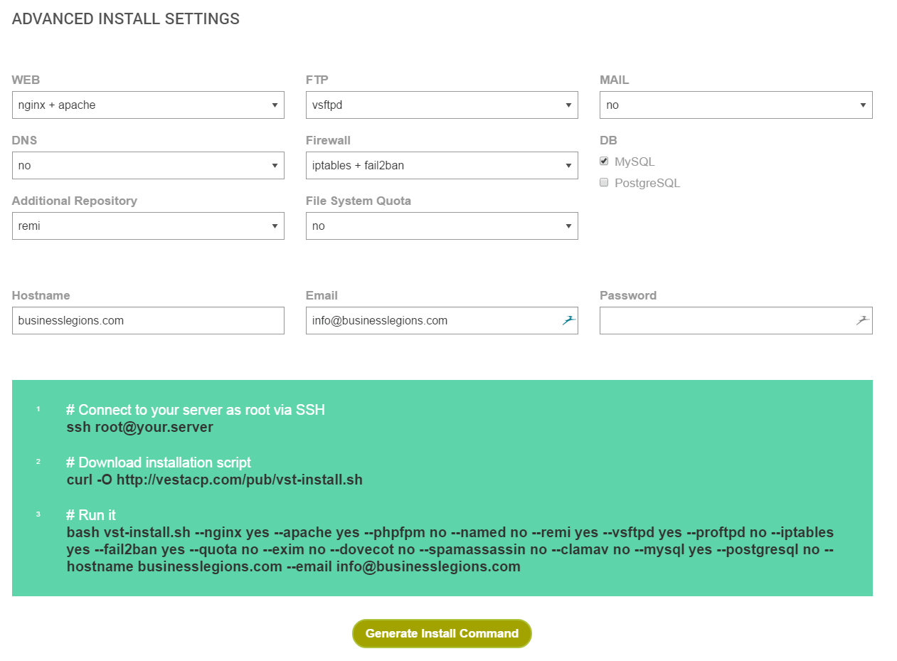 Business Legions AliCloud - VestaCP advanced instructions generate install command