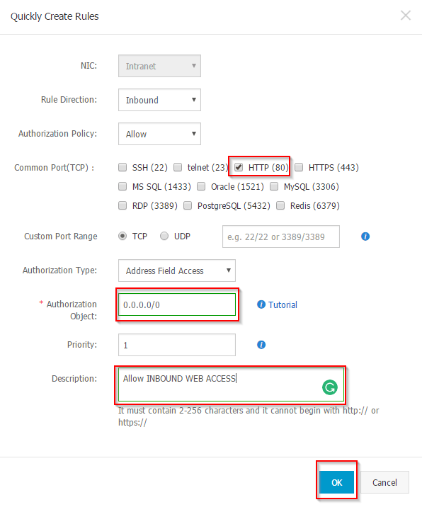 Business Legions Alicloud - Security Setting Configure Rules Quickly Create Rules HTTP Rule