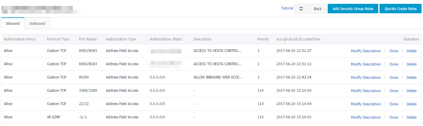 Business Legions Alicloud - Security Setting Configure Rules Quickly Create Rules List