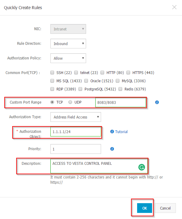 Business Legions Alicloud - Security Setting Configure Rules Quickly Create Rules VESTA CP Rule