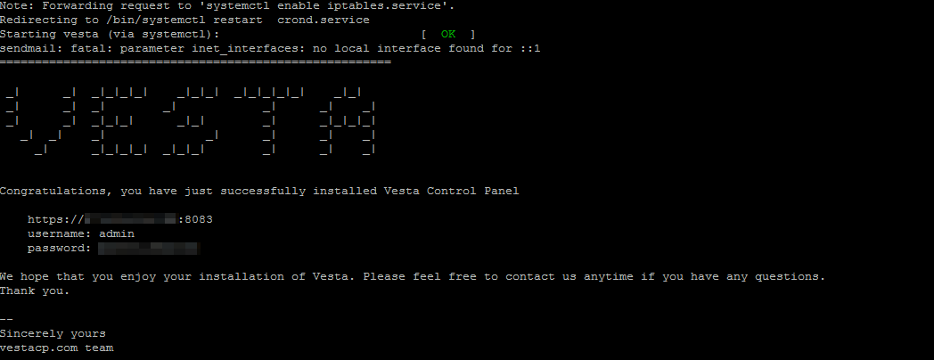 Business Legions Alicloud - VestaCP install instructions execute script complete