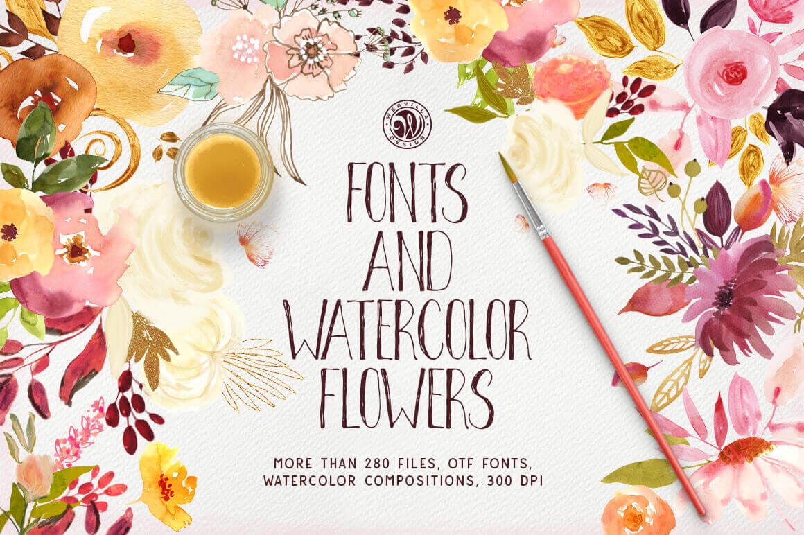 280+ Beautiful Hand Drawn Fonts and Watercolor Flowers - only $19!