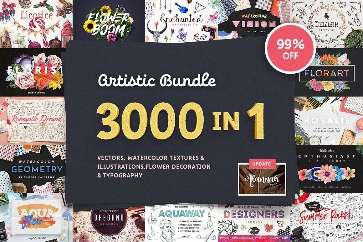 3,000 Artistic Vectors, Watercolors, Flower Decorations & More – only $14!