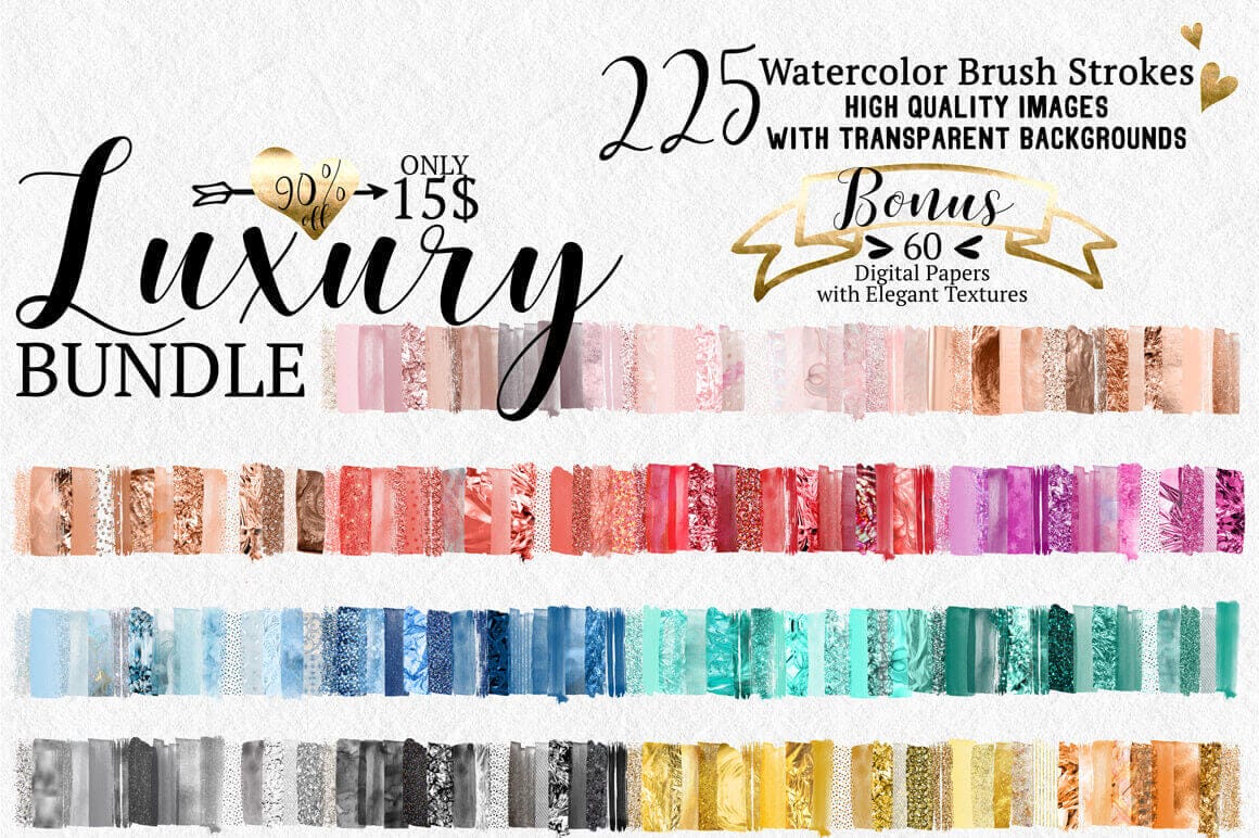 225 Gorgeous Watercolor Brush Strokes & 60 Digital Papers – only $15