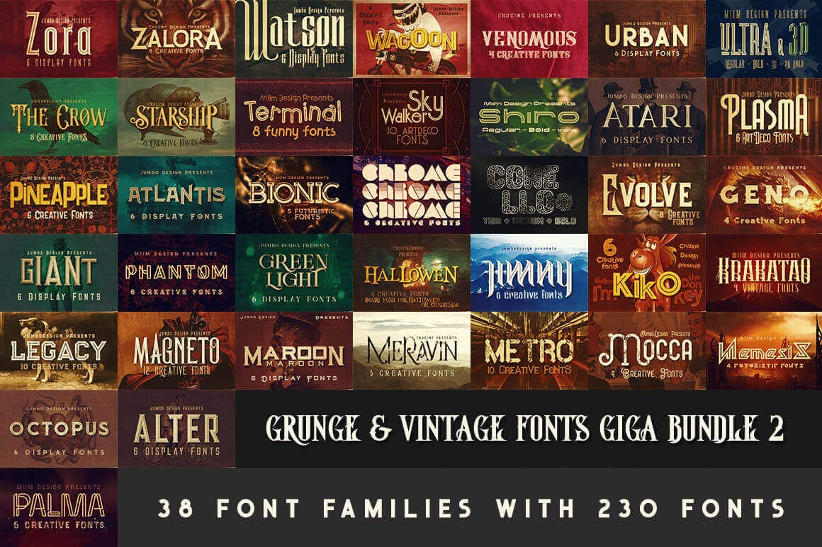 230 Grunge, Retro and Vintage Fonts with Extended License – only $29!