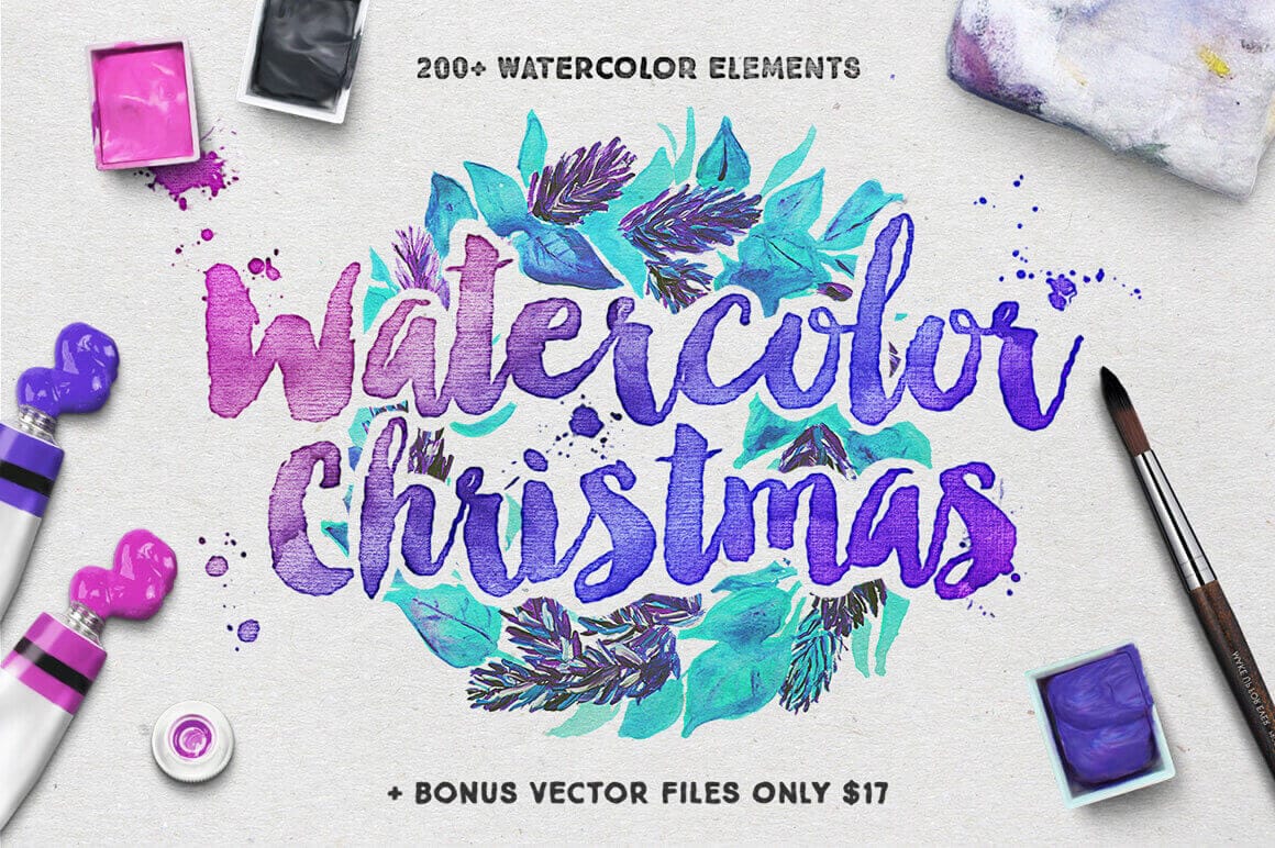 200+ Watercolor Christmas Elements + Bonus Vector Files – only $17!