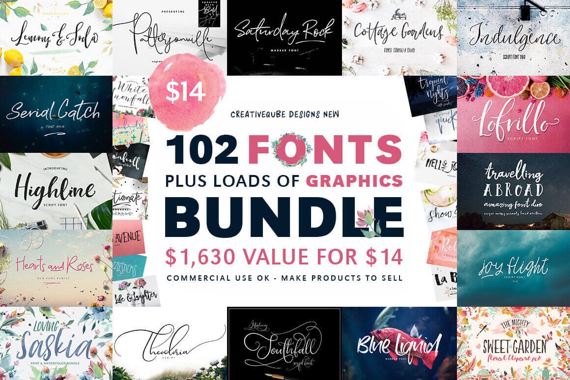 100+ Fonts and 1500+ Professional Graphics – only $14!