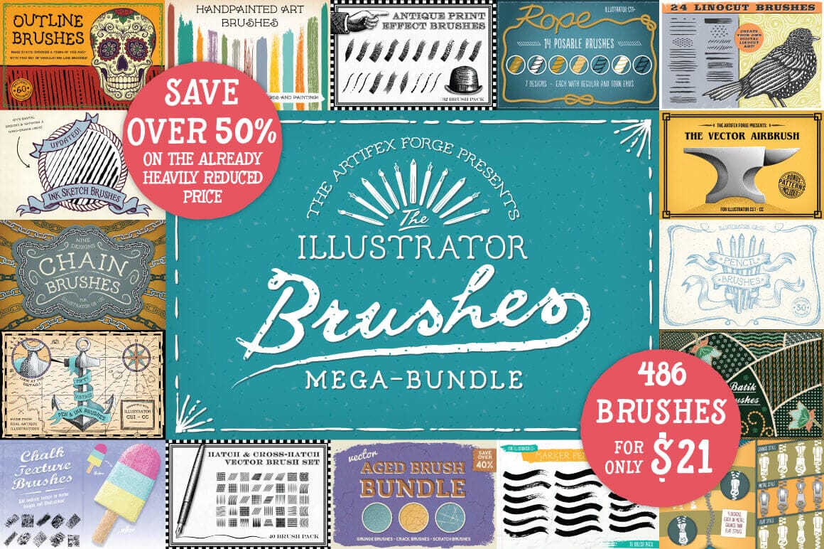 Mega Bundle of Illustrator Brushes from Artifex Forge - only $21!