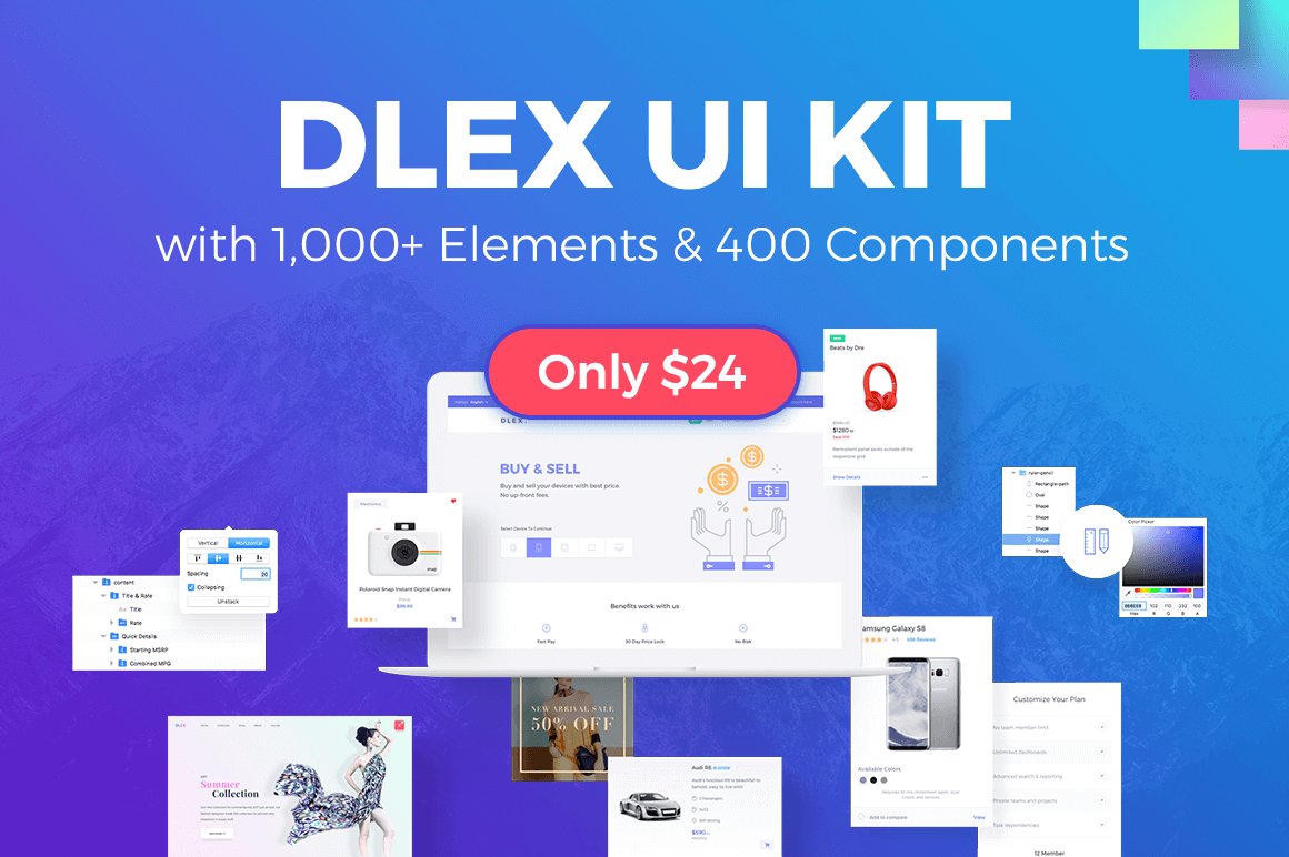 DLEX UI Kit with 1,000+ Elements & 400 Components – only $24!