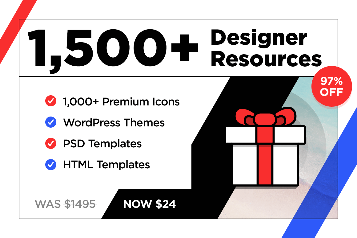 1,500+ Designer Resources: Premium Icons, Plus HTML, WordPress & PSD Templates – 98% off!
