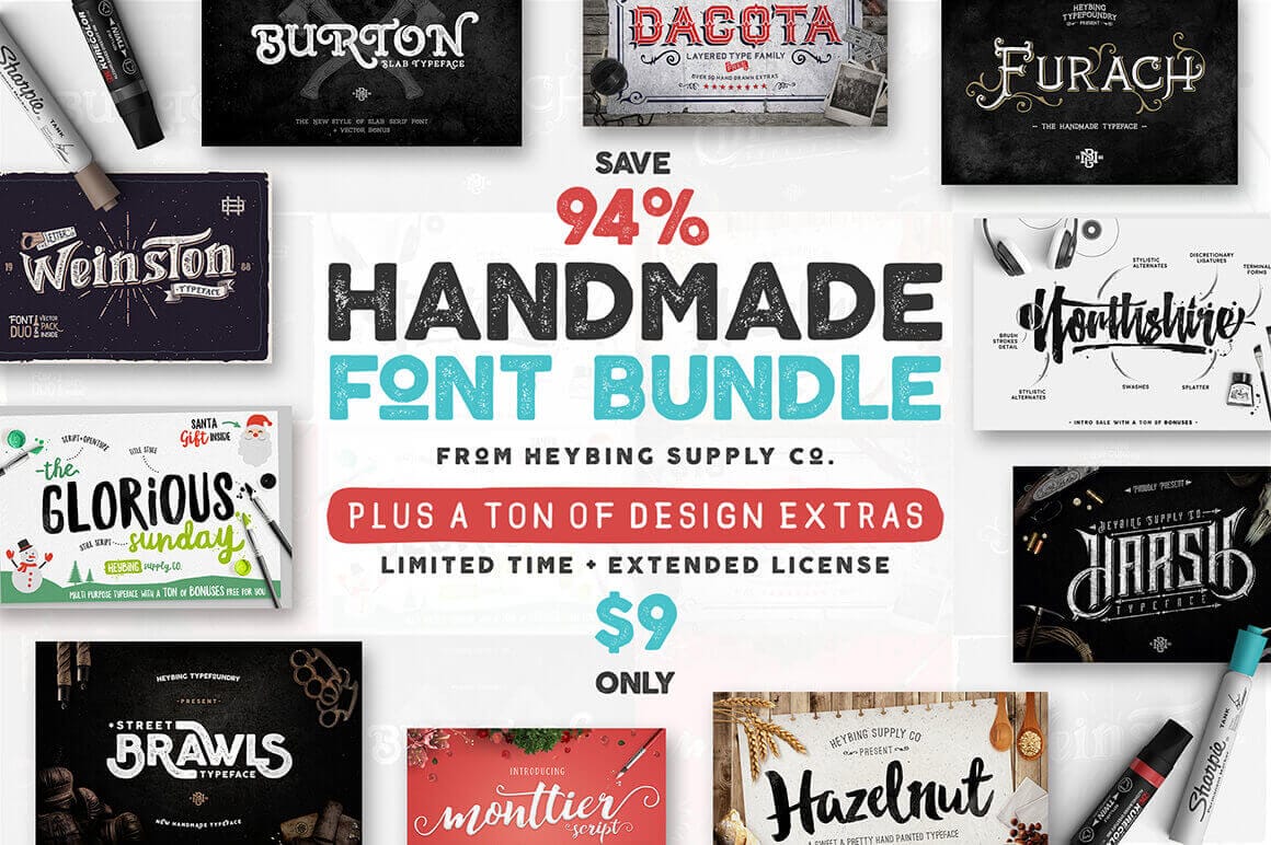 10 Full Font Families and Bonus Design Extras – only $9!